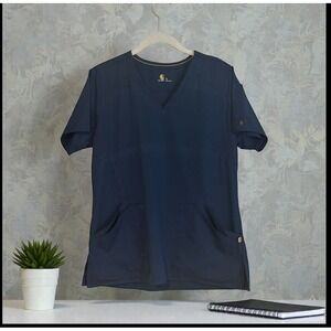 Carhartt Navy Blue V Neck Force Scrub Top Short Sleeve Pockets Size S